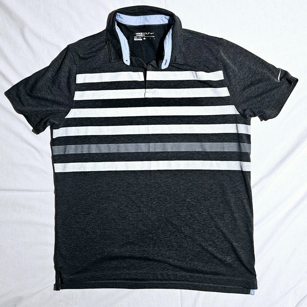 NIKE GOLF DRI FIT GREY BLACK POLO LARGE EUC